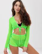 Asos Design Neon Green Jersey Mesh Beach Hot Pants With Lace Up Side Two-piece - Green