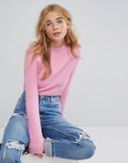 Bershka Cropped Fluffy Knitted Sweater - Pink