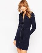 Asos Knit Shirt Dress With Woven Details And Zip Front - Navy