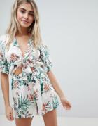 Missguided Tropical Print Tie Front Romper - Beige