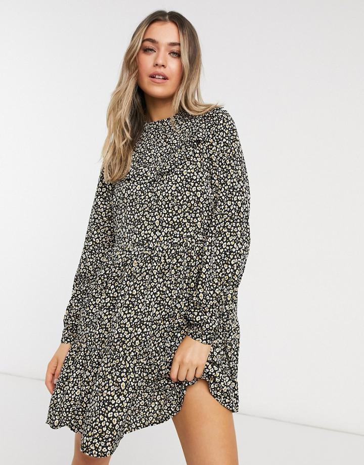 New Look Ruffle Detail Smock Mini Dress In Leopard Floral-black