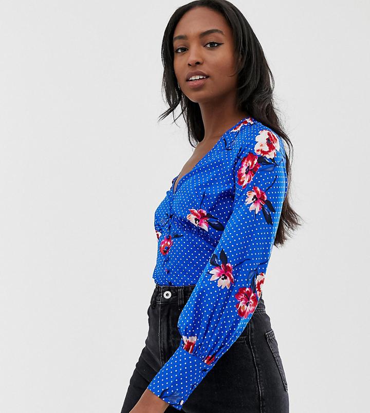 Influence Tall Button Down Body In Floral And Polka Dot Print-blue