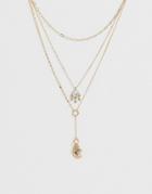 Asos Design Multirow Necklace With Celestial Charms And Delicate Lariat Profile In Gold - Gold
