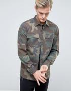 Pull & Bear Military Shirt With Double Pockets In Camo - Green