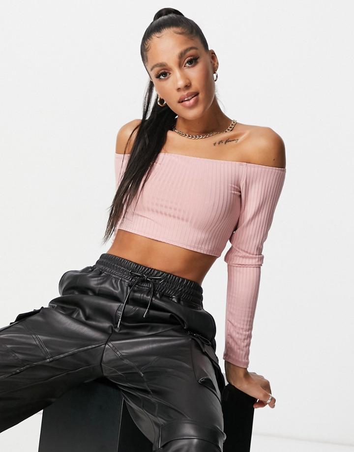 Flounce London Off Shoulder Ribbed Crop Top In Pink