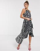 Forever U Sequin Midi Dress With Ruffle Detail In Black And Silver Zebra-multi