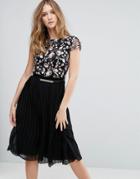 Little Mistress Floral Embroidered Midi Dress With Pleats - Black