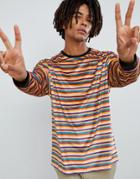 Asos Design Relaxed Stripe Velour Long Sleeve T-shirt In Retro Colors And Contrast Rib - Multi
