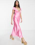 Asos Design Cap Sleeve Satin Maxi Dress With Buckle Detail In Pink