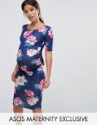 Asos Maternity Bodycon Dress In Floral Print - Blue