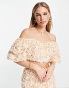 Asos Edition 3d Floral Organza Off Shoulder Crop Top In Caramel - Part Of A Set-neutral
