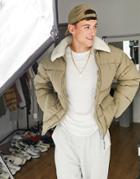 Topman Puffer With Borg Collar In Mushroom Brown - Brown