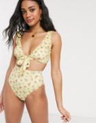 Asos Design Belted High Waist Bikini Bottom In Yellow Ditsy Floral-multi
