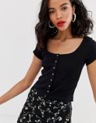 & Other Stories Fitted Ribbed Cotton Top With Button Details In Black