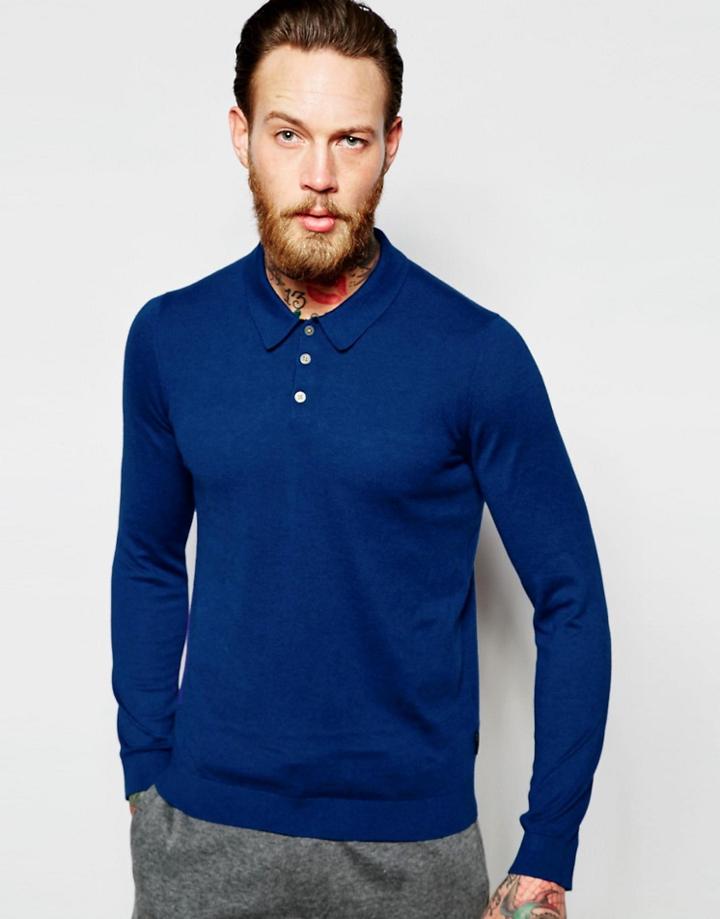 Ted Baker Long Sleeve Knitted Polo Shirt - Blue
