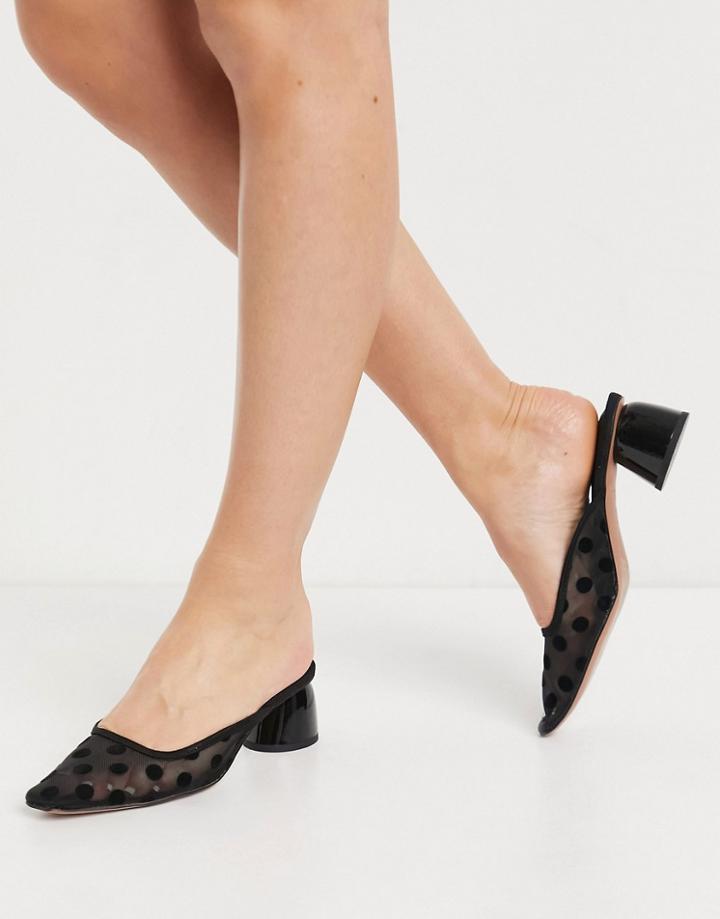 Asos Design Sweet Pea Square Toe Mid Heeled Mules In Mesh Spot-black