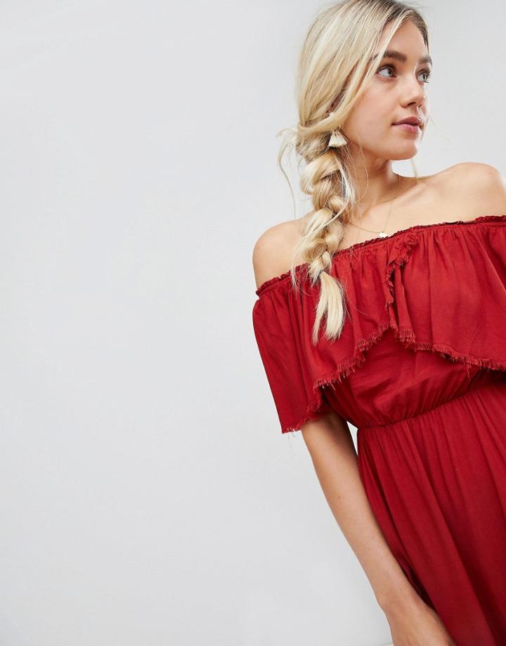 Lunik Off Shoulder Midi Dress With Hanky Hem - Orange