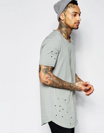 Asos Super Longline T-shirt With Random Studs In Raw Scoop Neck And Curved Hem In Green - Ball Green