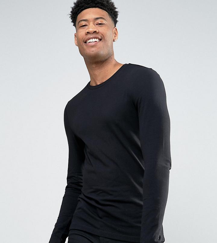 Asos Design Tall Muscle Long Sleeve T-shirt With Crew Neck In Black - Black