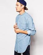 Asos Denim Shirt In Longline With Mid Wash And Grandad Collar - Mid Wash