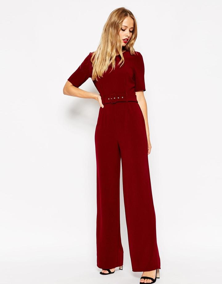 Asos Self Belt Short Sleeve Jumpsuit - Wine