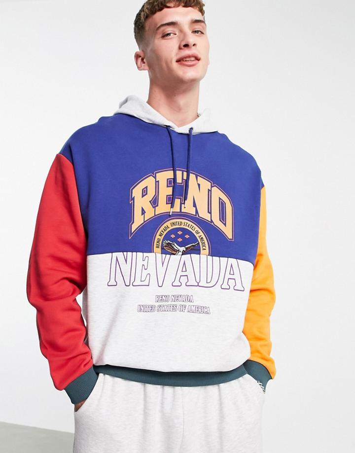 Asos Design Oversized Hoodie With Spliced Collegiate Print & Color Blocking-multi