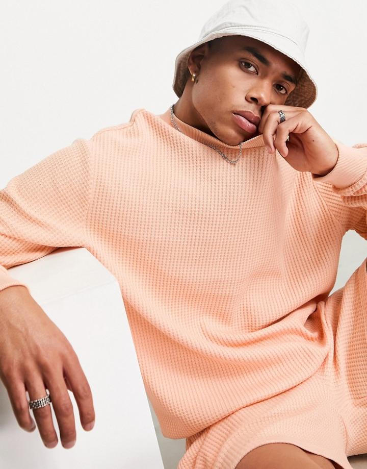 Asos Design Oversized Sweatshirt In Coral Jumbo Waffle - Part Of A Set-orange