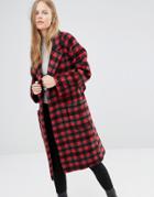 Ganni Tie Waist Long Coat In Red Check - Multi