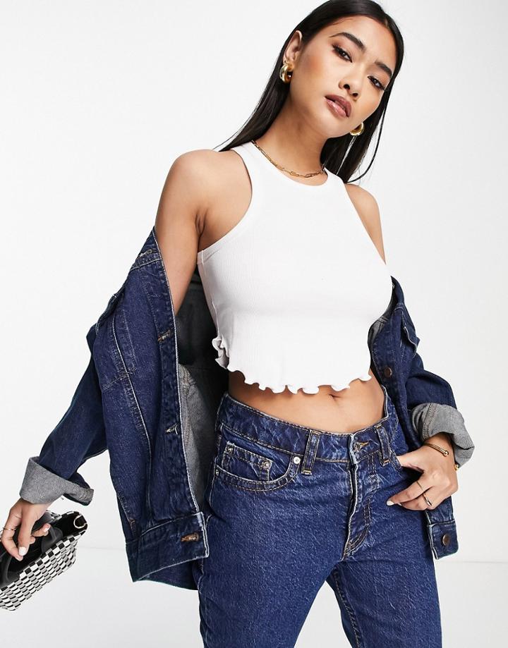 Asos Design Racer Tank Top With Lettuce Hem In White
