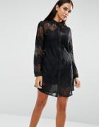 Ax Paris Long Sleeve Lace Shirt Dress - Black