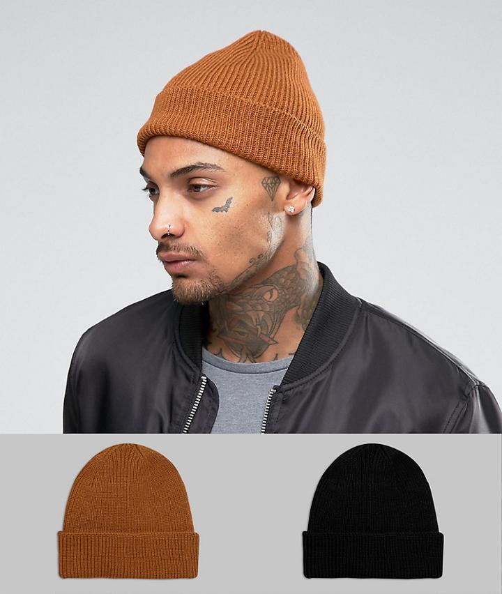 Asos Fisherman Beanie 2 Pack In Black And Tobacco Save - Multi