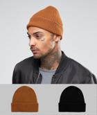 Asos Fisherman Beanie 2 Pack In Black And Tobacco Save - Multi
