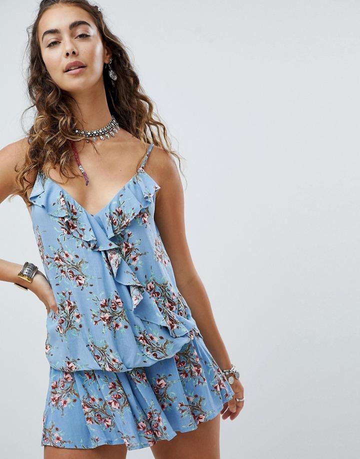 En Creme Cami Top With Ruffle Wrap Detail In Blossom Floral Two-piece - Blue