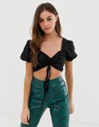 Prettylittlething Crop Top With Sweetheart Neckline And Gather Detail In Black - Red