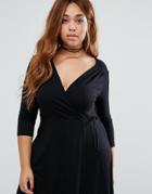 Asos Curve Mini Tea Skater Dress With Wrap Front And 3/4 Sleeve - Black