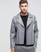 Asos Leather Look Biker Jacket With Raw Edge Detail In Gray - Gray