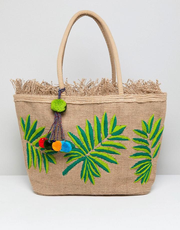 America & Beyond Hand Embroidered Leaf Structured Beach Bag - Multi