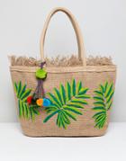 America & Beyond Hand Embroidered Leaf Structured Beach Bag - Multi