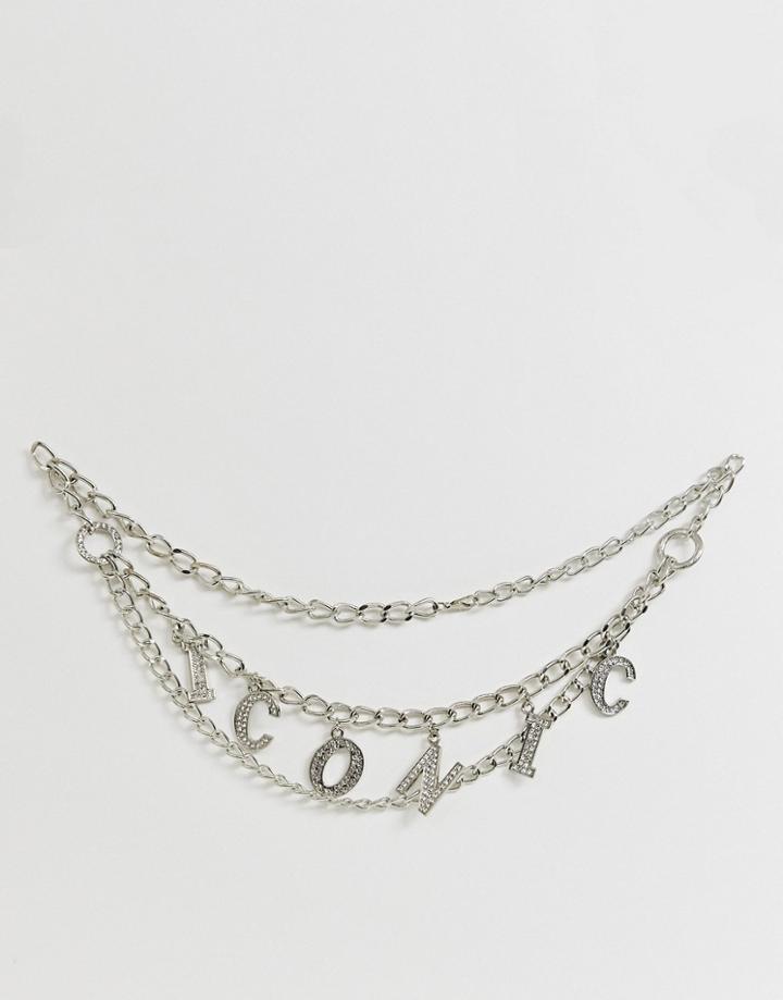 Asos Design Rhinestone Iconic Slogan Chain Waist And Hip Belt-silver