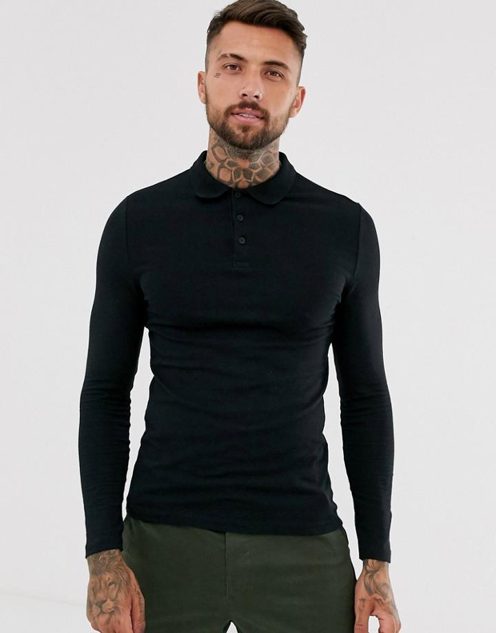 Asos Design Organic Muscle Fit Long Sleeve Jersey Polo In Black - Black