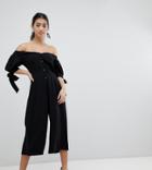 Asos Petite Tea Jumpsuit With Off Shoulder Detail And Tie Sleeve - Black