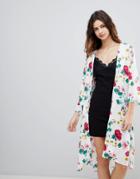 Crescent Floral Print Satin Kimono Jacket With Front Pockets - Cream