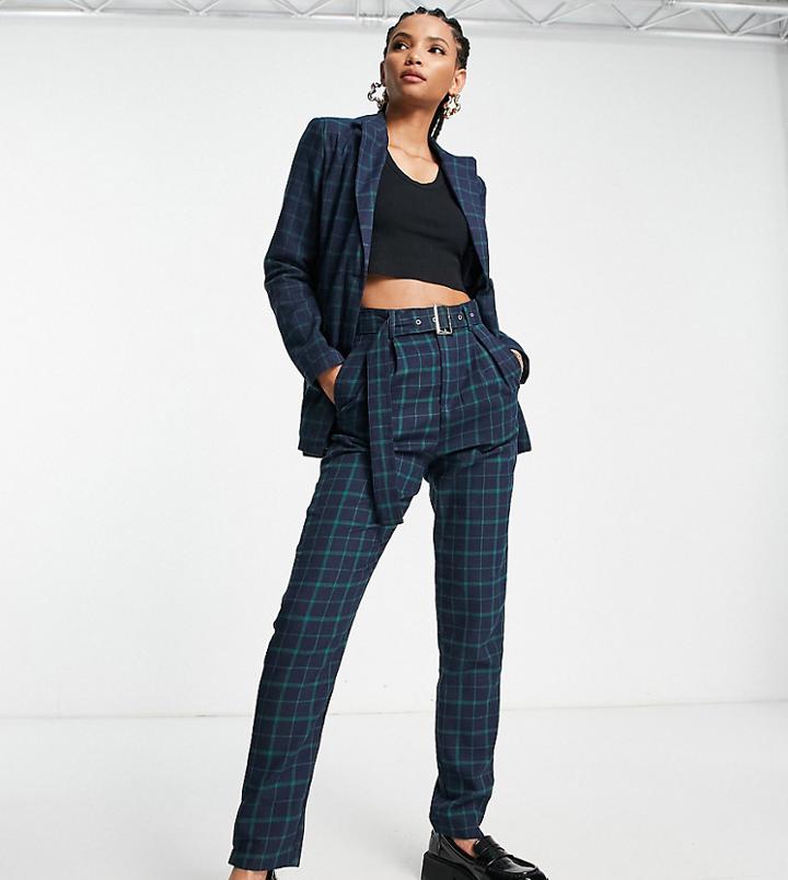 Heartbreak Tall Belted Tailored Pants In Navy And Green Check