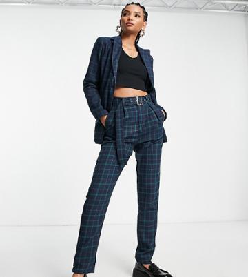 Heartbreak Tall Belted Tailored Pants In Navy And Green Check