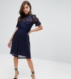 Tfnc High Neck Pleated Lace Midi Dress With Smocked Waist - Navy