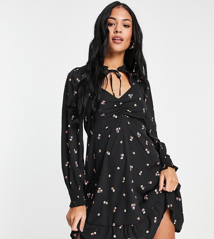 New Look Tall Long Sleeve Dress With Cut Out Detail In Black Floral
