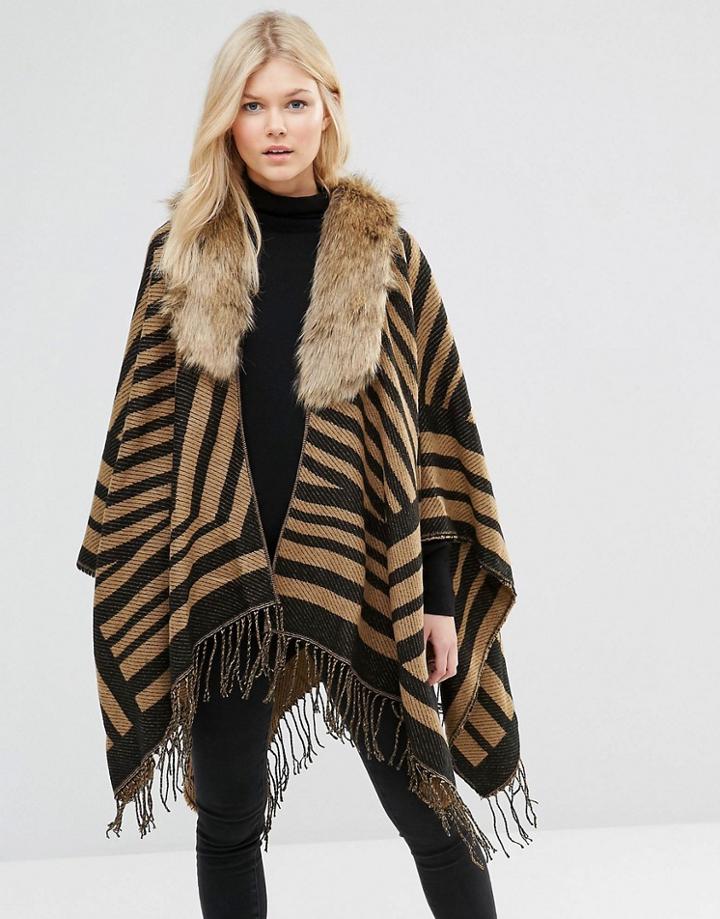 7x Printed Blanket Wrap Scarf With Faux Fur Collar - Brown