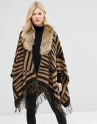 7x Printed Blanket Wrap Scarf With Faux Fur Collar - Brown