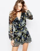 Band Of Gypsies Romper In Floral Print With Frill Hem - Black