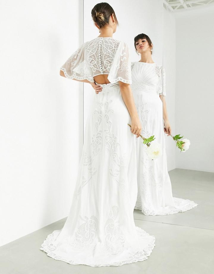 Asos Edition Savannah Vintage Embroidered Wedding Dress With Flutter Sleeve-white
